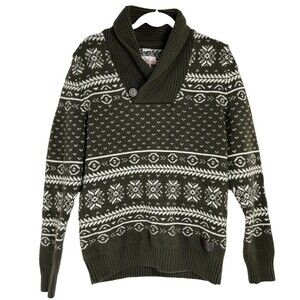 S OLIVER Mens Sweater MED Olive Green White Fair Isle Knit Ribbed‎ Hem Collar